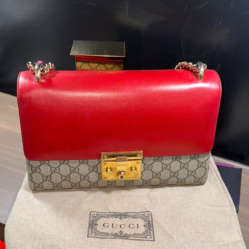 Gucci Red and Gray Shoulder Bag with Gold Accents